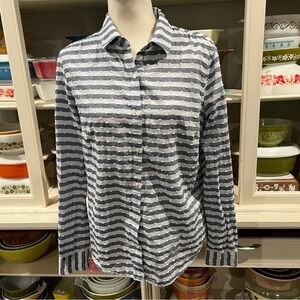 J. McLaughlin Blue and Gray Striped Cotton Swiss Dot Shirt - Size 8